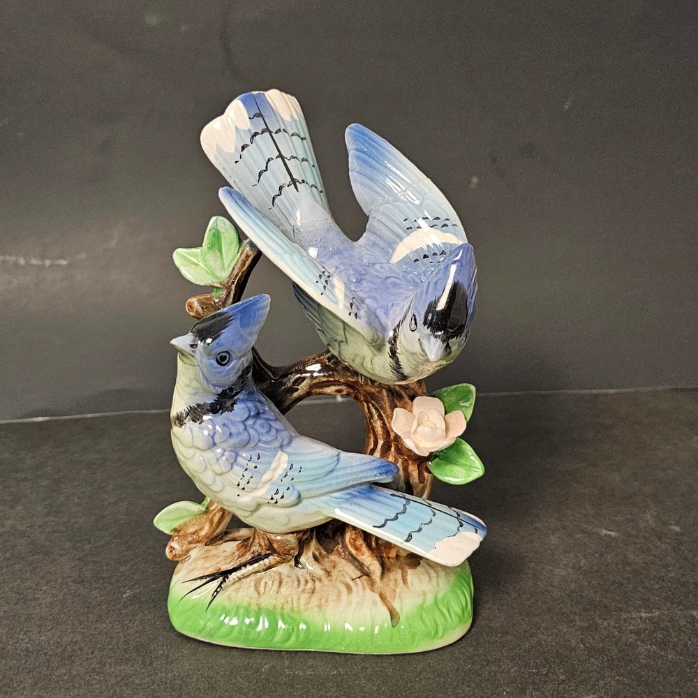 Vintage Porcelain Pair of Blue‎ Jay Birds Figurine, Japan 1950s